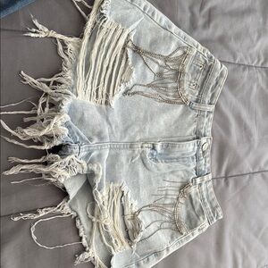Distressed Denim Shorts with Chain Detail